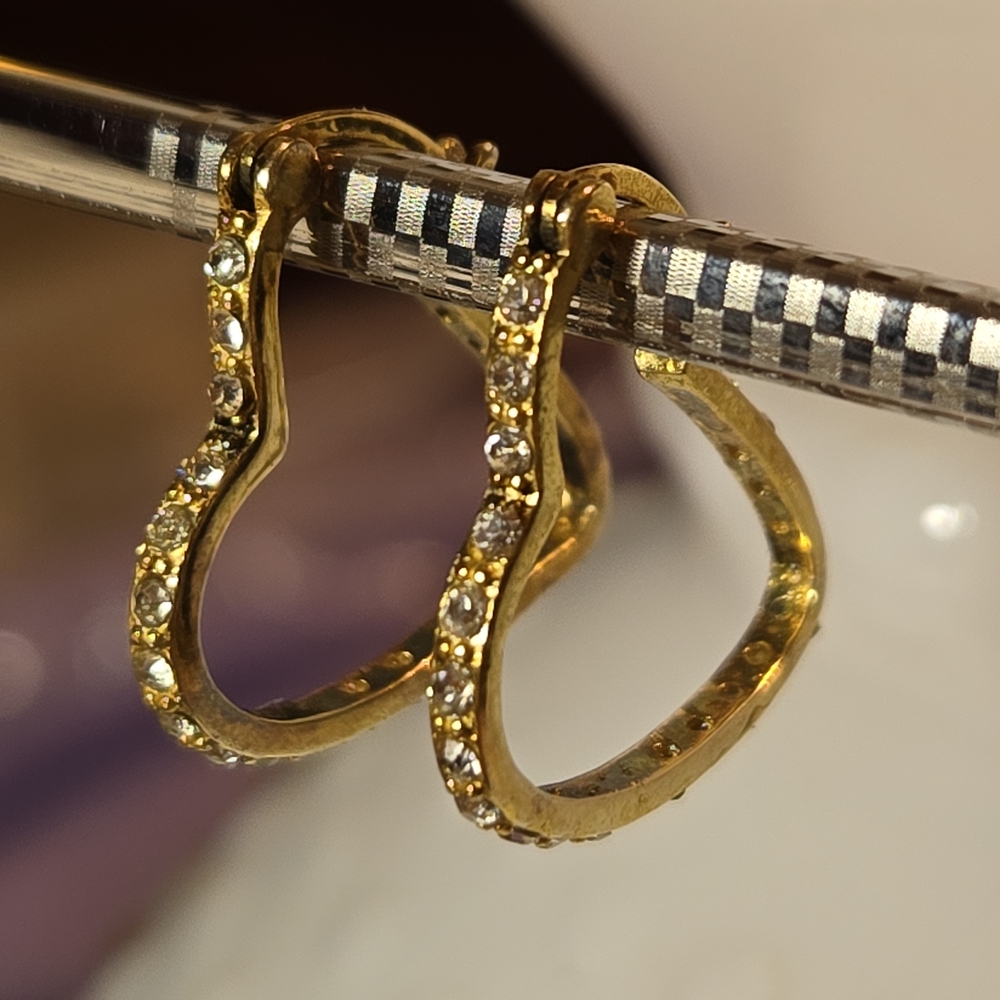 Heart Shaped Gold Hoop Earrings With Rhinestone Accents NWOT - Picture 2 of 3